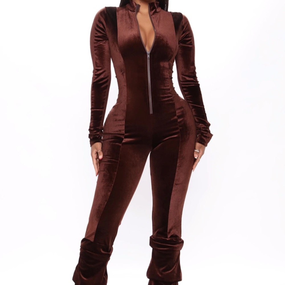 Chocolate dream velvet stacked jumpsuit -brown